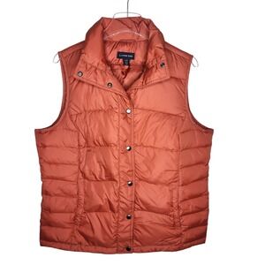 Lands End Womens Down Puffer Vest Burnt Orange Rust Quilted Snap Front Size LT